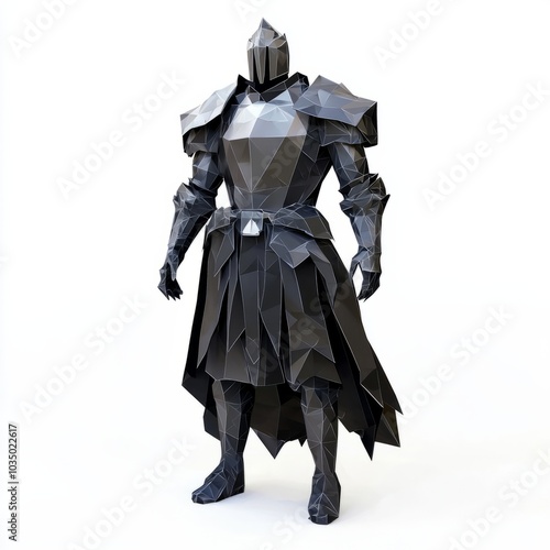 3D Render, Low Poly style of a ghostly knight in haunted armor, on isolated white background