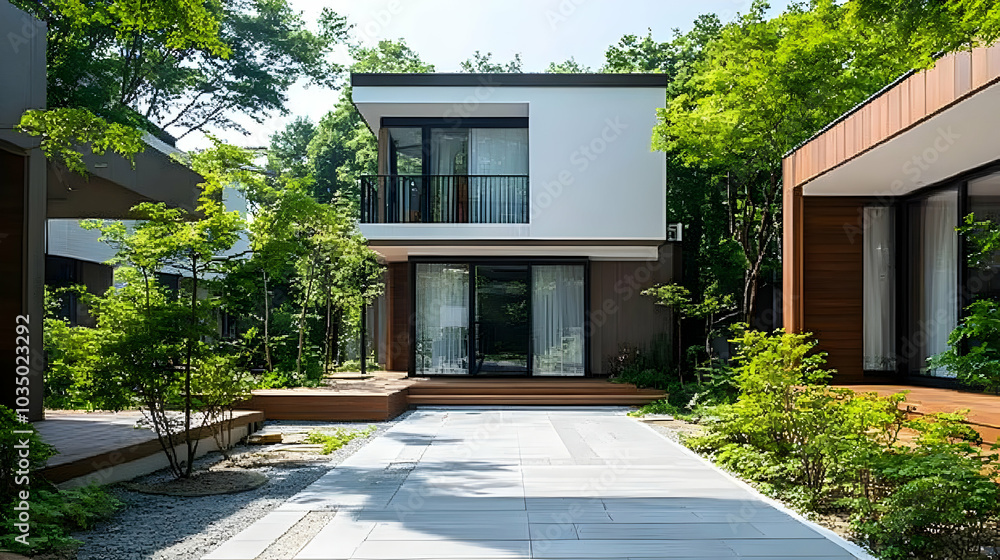 Modern Home Design with Green Landscaping and Walkway Modern Home Design with Green Landscaping and Walkway