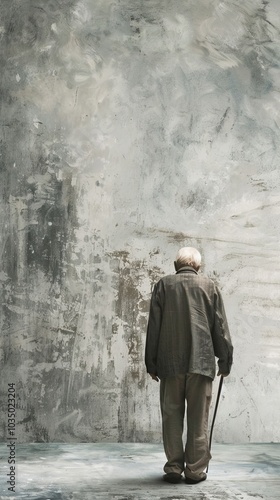 Elderly Man Standing Alone Against a Textured Wall in Thoughtful Contemplation with a Cane in a Minimalist Setting..