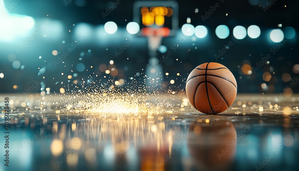A basketball rolls on a shiny court, creating sparks, with a blurred scoreboard in the background, capturing the essence of dynamic sports action. A basketball rolls on a shiny court, creating sparks, with a blurred scoreboard in the background, capturing the essence of dynamic sports action.
