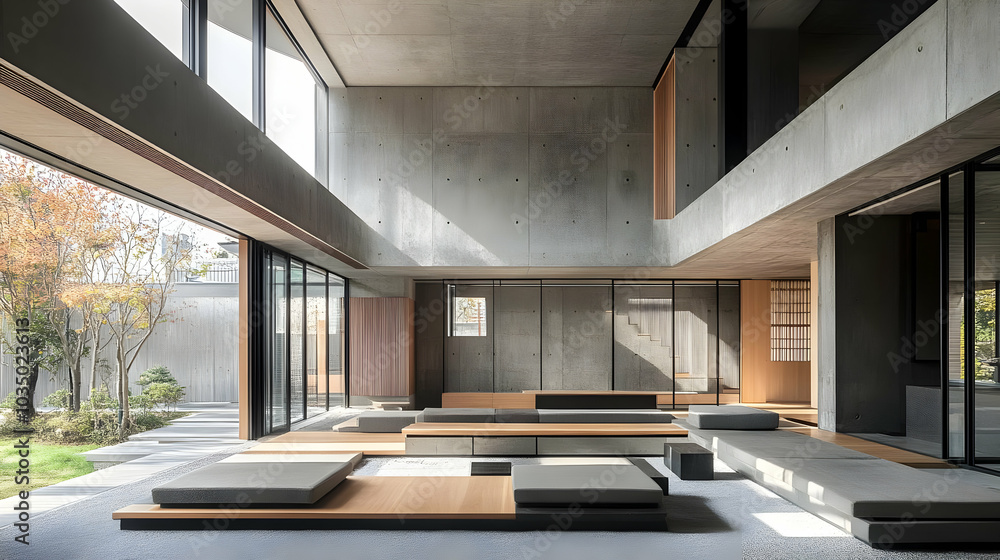 Fototapeta premium Modern Concrete Home Interior Design with Japanese Inspired Features - Minimalist Living Room