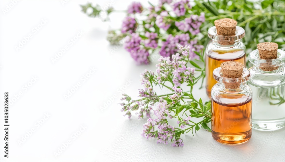 A serene arrangement of essential oil bottles surrounded by fresh herbs and flowers, perfect for relaxation and wellness themes. A serene arrangement of essential oil bottles surrounded by fresh herbs and flowers, perfect for relaxation and wellness themes.