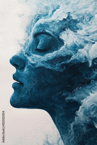 Surreal Artistic Portrait of a Woman's Face Merging with Ethereal Blue Smoke