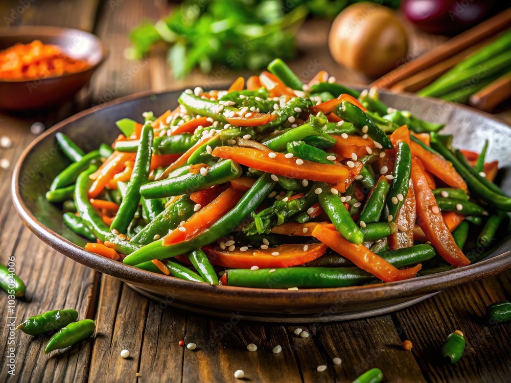 A vibrant warm salad featuring fresh green beans and carrots, dressed in sesame, perfect for healthy eating and showcasing seasonal, organic ingredients in gourmet presentation. A vibrant warm salad featuring fresh green beans and carrots, dressed in sesame, perfect for healthy eating and showcasing seasonal, organic ingredients in gourmet presentation.
