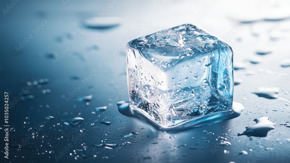 Single melting ice cube on wet surface Single melting ice cube on wet surface