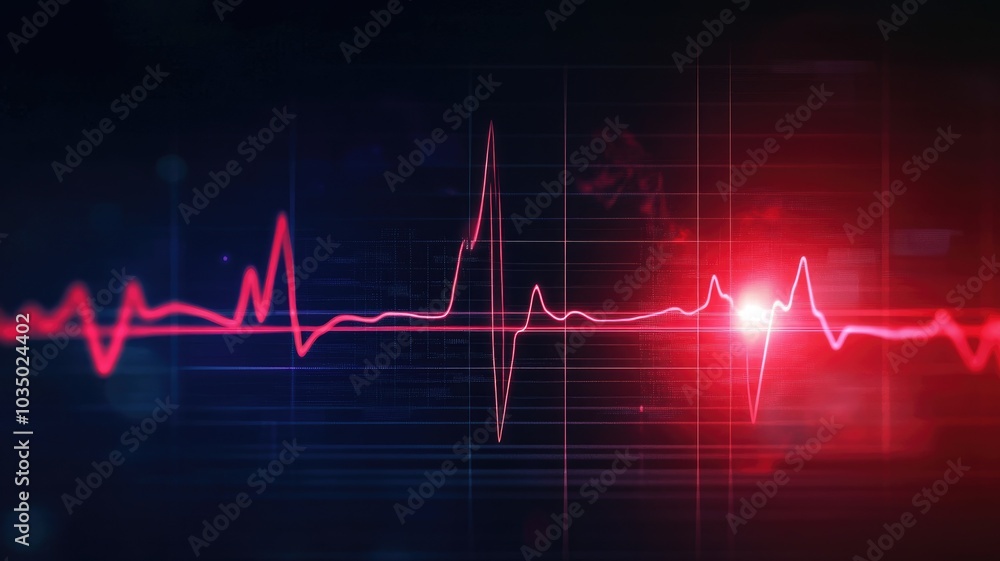 Red heartbeat waveform on dark blue background, symbolizing medical health monitoring Red heartbeat waveform on dark blue background, symbolizing medical health monitoring