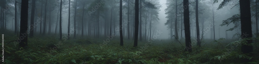 A dense forest shrouded in heavy fog, with raindrops cascading from leaves and the sound of thunder echoing ominously in the distance, creating an eerie atmosphere, Generative AI A dense forest shrouded in heavy fog, with raindrops cascading from leaves and the sound of thunder echoing ominously in the distance, creating an eerie atmosphere, Generative AI