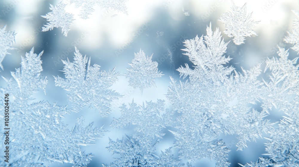 Close-up of intricate, frosty snowflakes forming on glass surface during winter