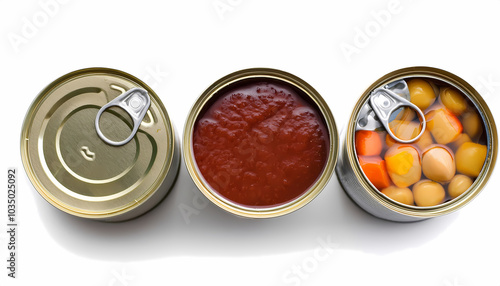 Canned Food  Top View  Tomato Sauce  Vegetables  Beans  Food Storage  White Background