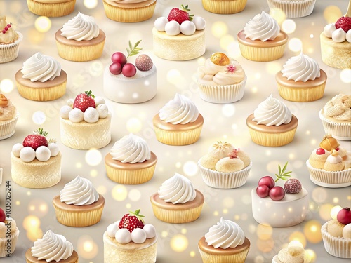 Charming white cakes and pastries create a seamless background pattern, perfect for fabric, scrapbooking, and wallpaper projects, enhanced with a stunning bokeh effect.