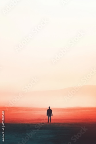 Solitary Figure Walking in Vast Desert Landscape