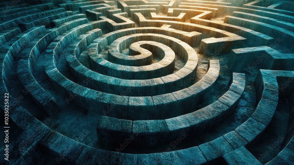 Intricate stone maze with illuminated pathways Intricate stone maze with illuminated pathways