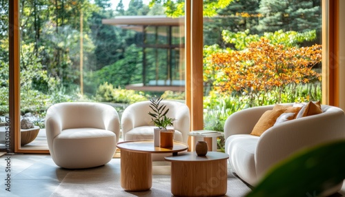 A cozy, modern living space featuring soft furniture, a round table, and large windows showcasing a serene natural landscape.