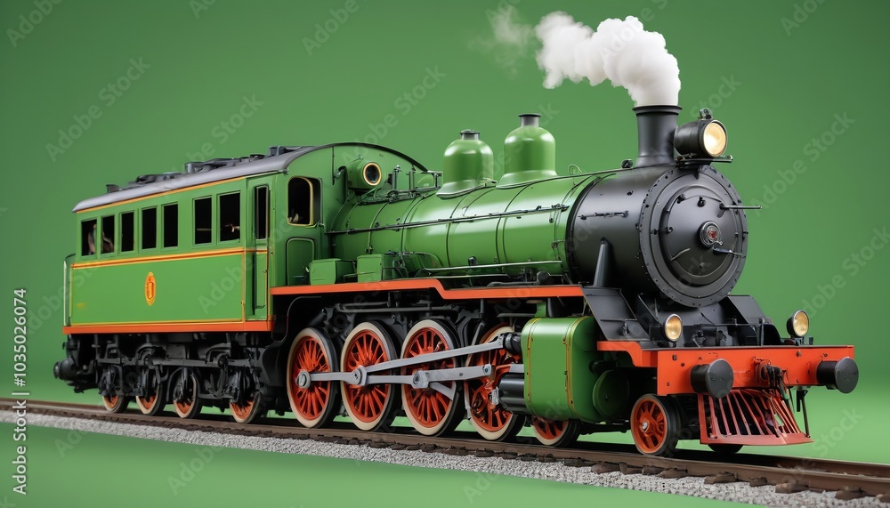 Naklejka premium A charming 3D model of a vintage steam locomotive set against a vibrant green screen, suitable for historical documentaries and railway presentations, Generative AI