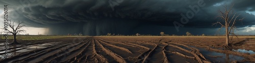 A desolate landscape experiencing the aftermath of a hurricane, with uprooted trees and flooded fields under a darkened sky, emphasizing the devastation caused, Generative AI photo