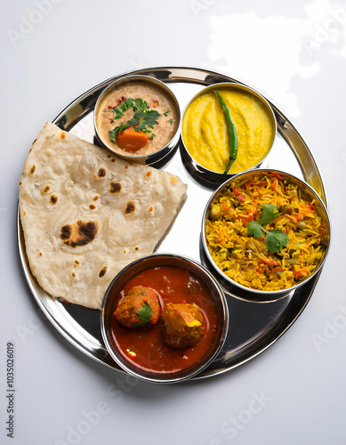 Indian Food Thali with Rogan Josh  Rice  Roti  and Raita