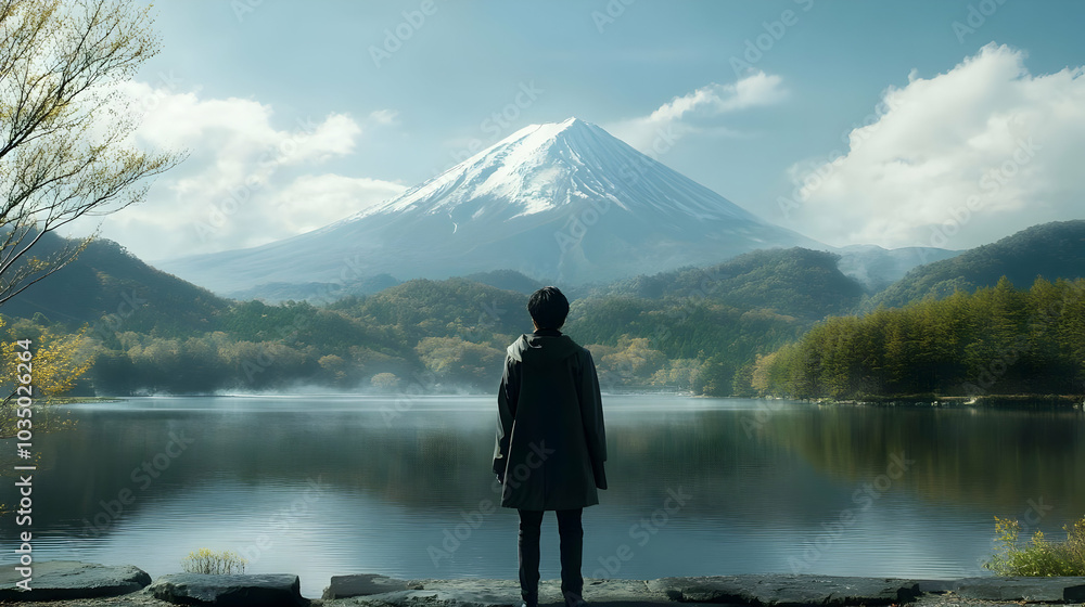 A Solitary Figure Gazes at a Majestic Mountain in a Tranquil Lake Setting A Solitary Figure Gazes at a Majestic Mountain in a Tranquil Lake Setting