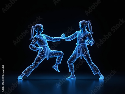 Futuristic holographic female wrestlers are competing, made of glowing blue lines.