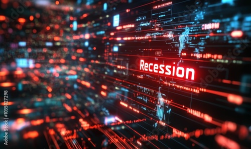 Red "Recession" on digital screen with code.