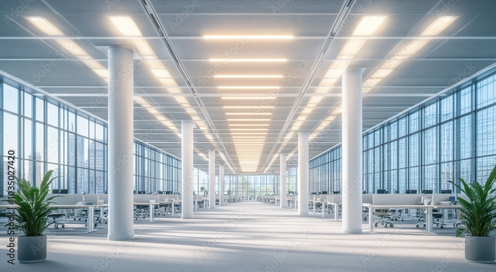 A large open-plan office with rectangular white columns and light grey carpet flooring, with long rows of desks along one wall and glass walls on another. A large open-plan office with rectangular white columns and light grey carpet flooring, with long rows of desks along one wall and glass walls on another.