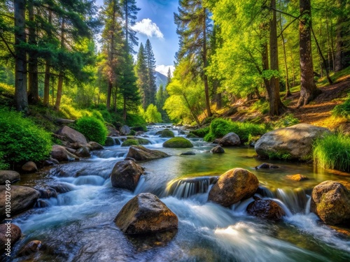The enchanting spring stream winds its way through the Rocky Mountain forest, surrounded by lush greenery, painting a beautiful landscape full of life and serenity.