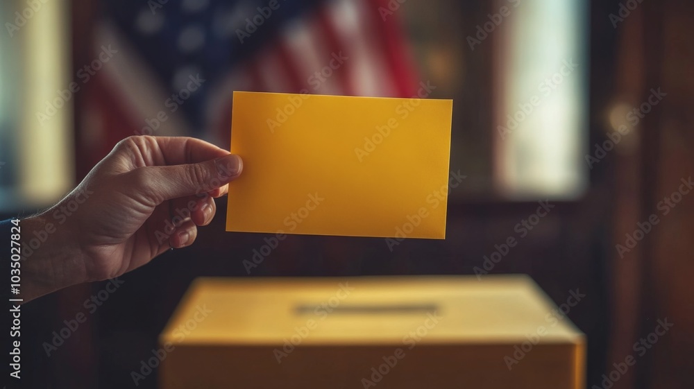 Hand Holding Yellow Envelope in Front of Voting Box with American Flag in Background, Symbolizing Democracy and Election Process Hand Holding Yellow Envelope in Front of Voting Box with American Flag in Background, Symbolizing Democracy and Election Process