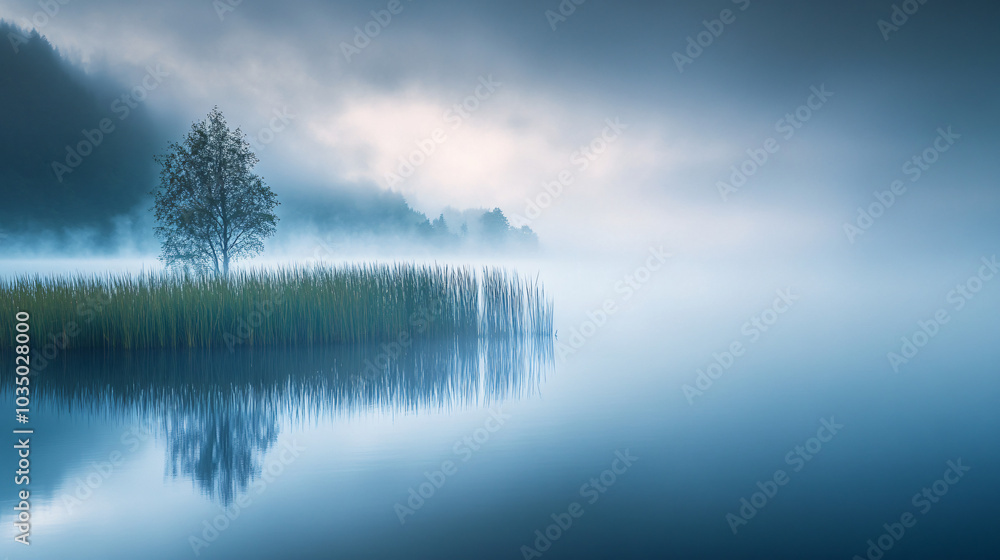 Fototapeta premium An early morning fog rising over a calm lake, creating a mystical atmosphere.