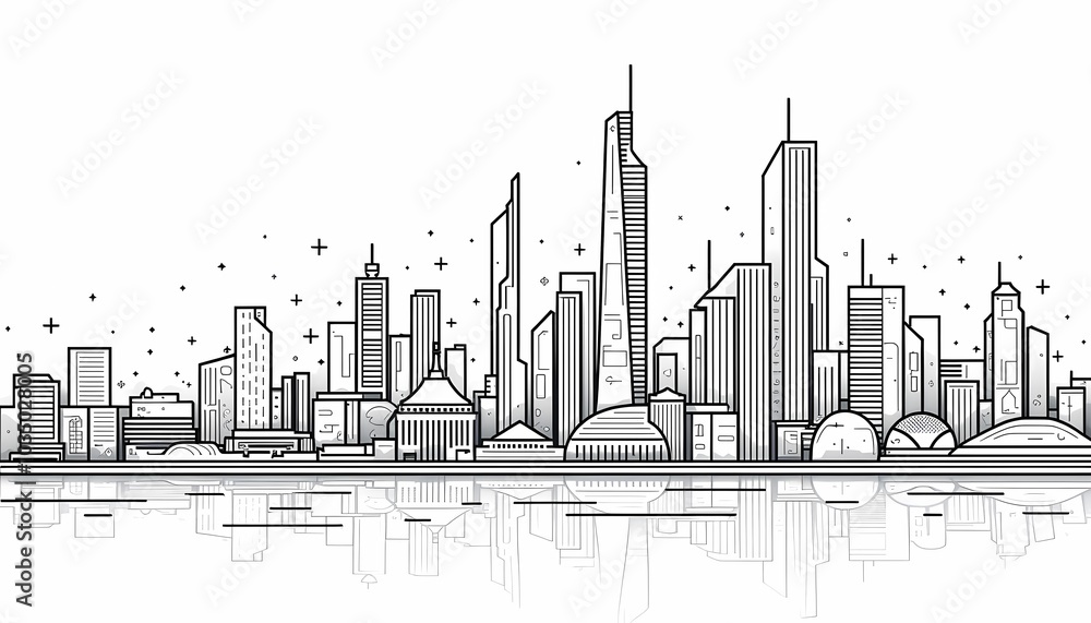 Black and white outline sketch of a futuristic city skyline with reflective water in the foreground depicting urban development and innovation Black and white outline sketch of a futuristic city skyline with reflective water in the foreground depicting urban development and innovation