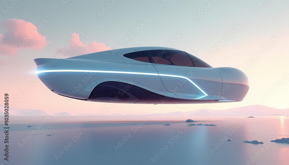 Futuristic hovering car with sleek design and neon accents against a pastel sky background showcasing innovation and technology with copy space Futuristic hovering car with sleek design and neon accents against a pastel sky background showcasing innovation and technology with copy space