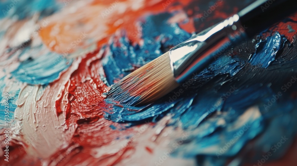 Fototapeta premium Close-up of a Paintbrush on a Palette with Red, Blue, and White Oil Paints