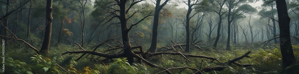 A dense forest experiencing the wrath of a hurricane, with trees snapping and branches flying through the air, showcasing the chaos and power of nature, Generative AI A dense forest experiencing the wrath of a hurricane, with trees snapping and branches flying through the air, showcasing the chaos and power of nature, Generative AI