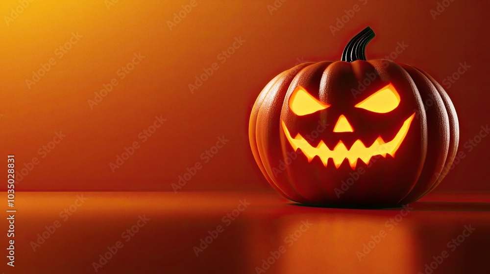Halloween carved pumpkin with a glowing face on dark orange background Halloween carved pumpkin with a glowing face on dark orange background