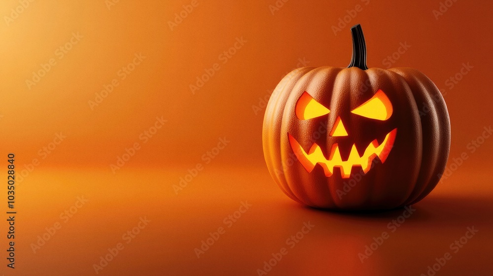 Halloween carved pumpkin with a glowing face on dark orange background Halloween carved pumpkin with a glowing face on dark orange background