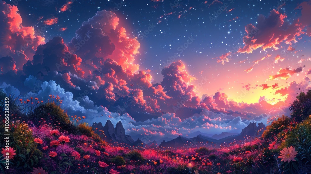Pink Sunset with Stars and Mountains Pink Sunset with Stars and Mountains