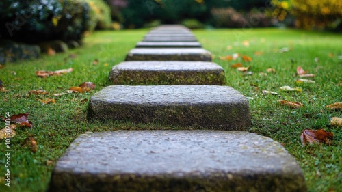 Stone path through green garden with fallen leaves photo