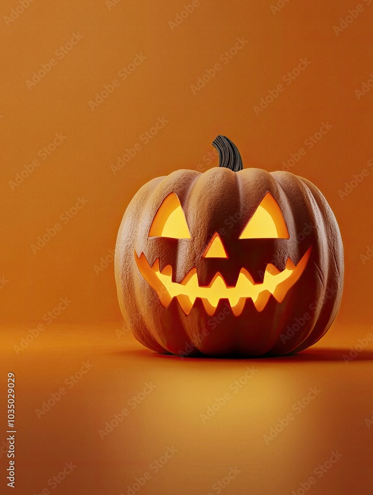 Halloween carved pumpkin with a glowing face on dark orange background Halloween carved pumpkin with a glowing face on dark orange background