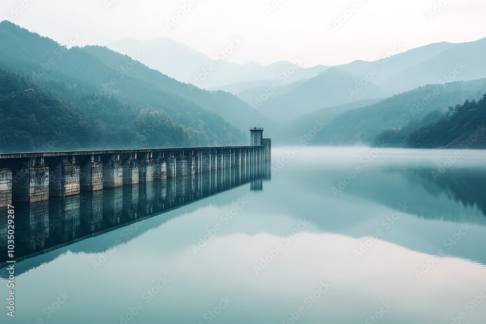 Serene Lake Behind Dam with Mountain Reflections Serene Lake Behind Dam with Mountain Reflections