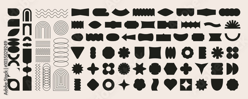 Brutalist geometric shapes. Modern simple 3D figures, minimal retro futuristic basic blocks, abstract bauhaus contemporary symbols. Vector set