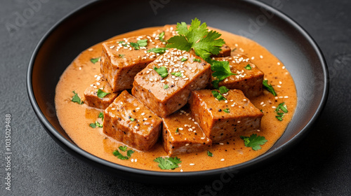 Slices of tender vegan seitan (แป้งสาลี) in a rich photo