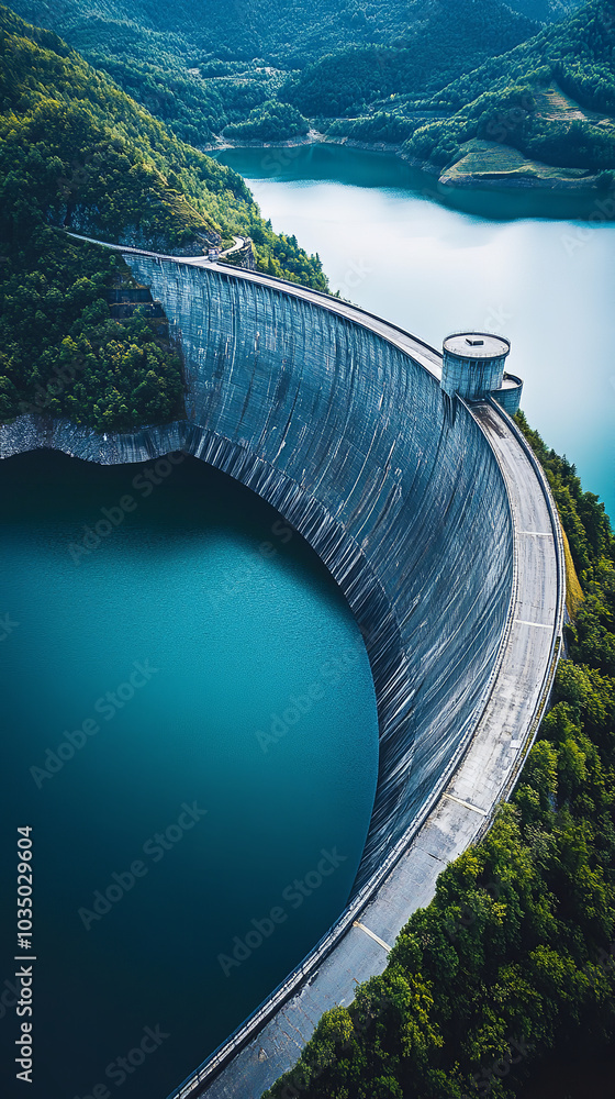 Fototapeta premium Aerial View of Massive Dam and Reservoir in Pristine Natural Surroundings