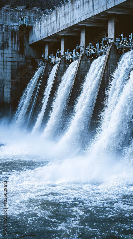 Close-Up of Water Rushing Through Dam Spillways Highlighting Power Generation Close-Up of Water Rushing Through Dam Spillways Highlighting Power Generation