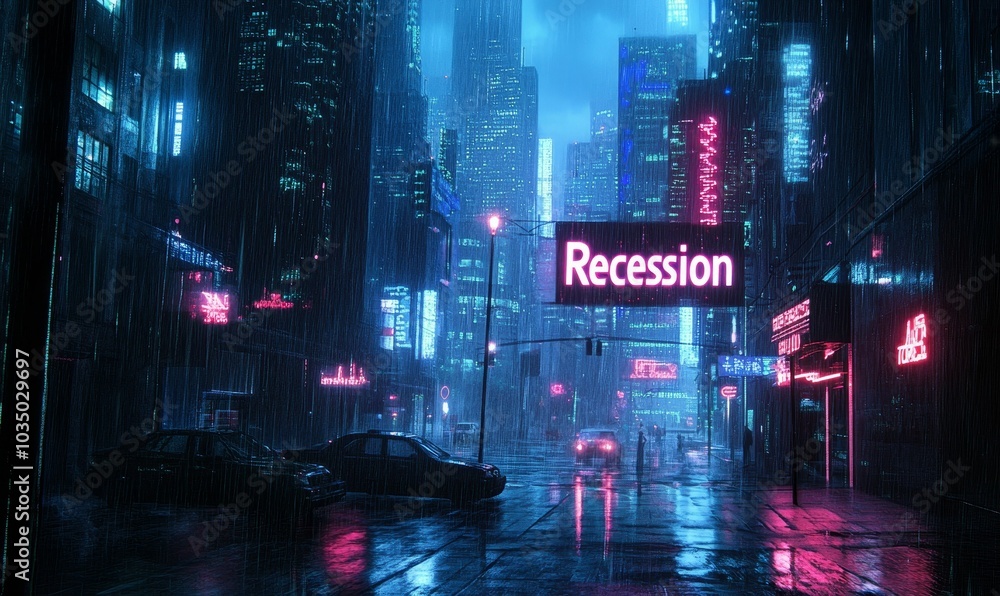 Neon-lit city street in the rain. Neon-lit city street in the rain.