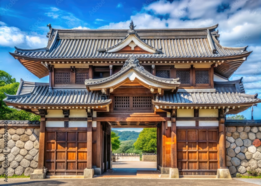 The front gate of Kanazawa Castle showcases intricate architectural details, harmoniously blending history, artistry, and traditional Japanese craftsmanship within Japan's captivating historic landsca The front gate of Kanazawa Castle showcases intricate architectural details, harmoniously blending history, artistry, and traditional Japanese craftsmanship within Japan's captivating historic landsca