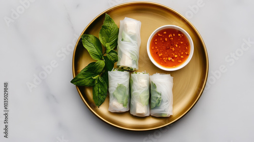 A golden plate of vegan Thai spring rolls filled with glass noodles, cabbage, and tofu, served with a sweet chili dipping sauce photo