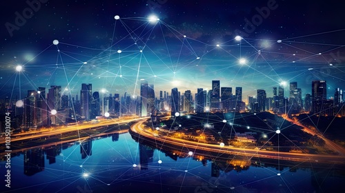 Modern city with wireless network connection and city scape concept.Wireless network and Connection technology concept with city background at night