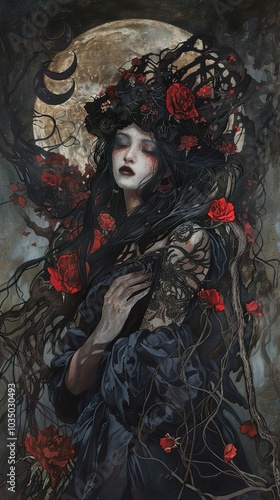 Dark Fantasy Portrait of a Woman with Red Roses and a Moon