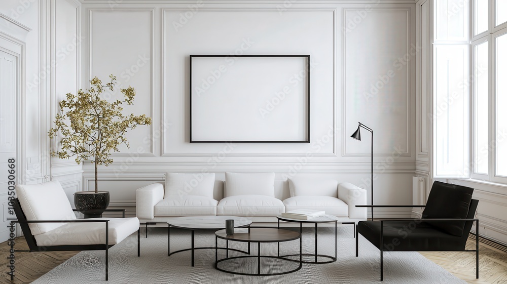 Bright Scandinavian Living Room Featuring a Blank Mock-Up Frame for Your Creative Designs Bright Scandinavian Living Room Featuring a Blank Mock-Up Frame for Your Creative Designs
