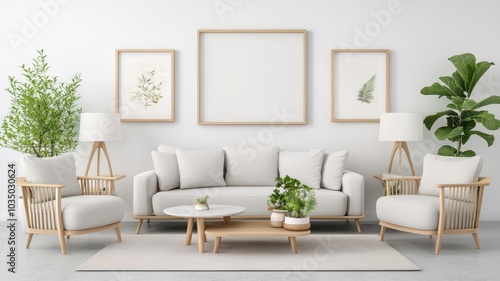 Bright Scandinavian Living Room Featuring a Blank Mock-Up Frame for Your Creative Designs