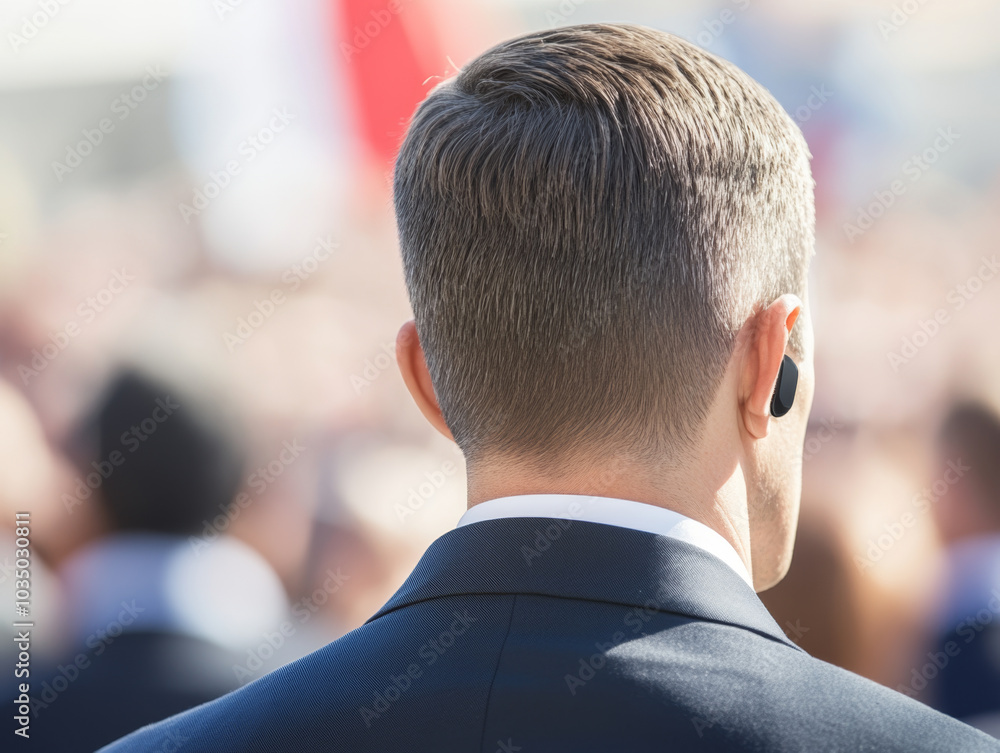 Close up of bodyguard scanning crowd at public event, showcasing vigilance and professionalism in formal setting Close up of bodyguard scanning crowd at public event, showcasing vigilance and professionalism in formal setting