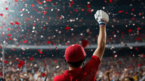 Batsman hitting a six, ball flying high, packed stadium, intense energy, cricket celebration, triumphant moment photo